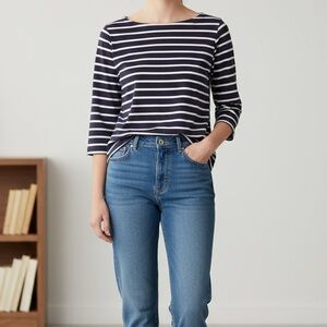 L.L.Bean Breton Navy Stripe Boatneck 3/4 Sleeve Tee SM Cotton Nautical